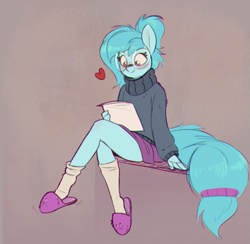 Size: 761x743 | Tagged: safe, artist:rexyseven, oc, oc:whispy slippers, species:anthro, species:earth pony, species:plantigrade anthro, blushing, clothing, colored, colored sketch, cute, female, floating heart, glasses, gray background, heart, mare, ocbetes, ponytail, reading, shoes, simple background, sketch, skirt, slippers, smiling, socks, solo, suggestive source, sweater, three quarter view