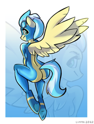 Size: 1427x1889 | Tagged: safe, artist:lummh, character:misty fly, species:anthro, species:pegasus, species:unguligrade anthro, breasts, butt, clothing, female, goggles, looking at you, looking back, looking back at you, mare, rearboob, solo, spread wings, tail, underhoof, uniform, wings, wonderbolts, wonderbolts uniform, zoom layer