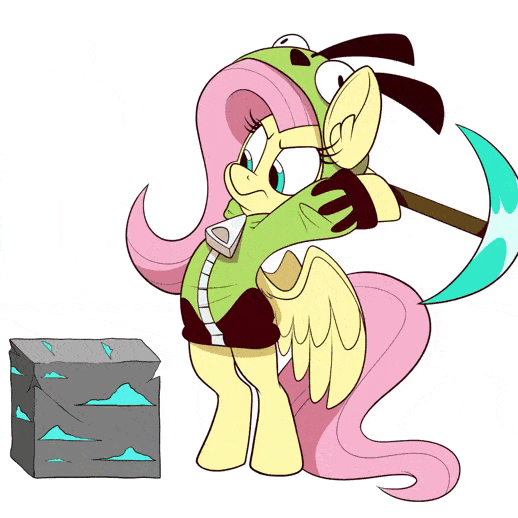 Size: 518x518 | Tagged: safe, artist:wutanimations, character:fluttershy, oc, oc:fluttgirshy, species:pegasus, species:pony, g4, animated, antonymph, bipedal, clothing, crack, crossover, diamond ore, diamond pickaxe, eyes closed, gif, gir, gritted teeth, hoodie, invader zim, minecraft, mining, pickaxe, simple background, solo, spread wings, sweat, sweatdrops, two-frame gif, video game, vylet pony, white background, wings, zipper
