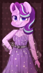Size: 1802x3056 | Tagged: safe, artist:sakukitty, character:starlight glimmer, species:anthro, species:unicorn, g4, abstract background, breasts, clothing, dress, female, grin, high res, mare, see-through, signature, smiling, smirk, solo, stars, three quarter view