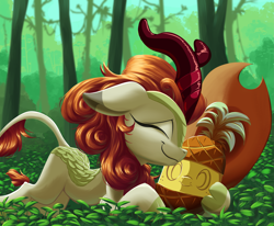 Size: 5401x4442 | Tagged: safe, artist:discorded, artist:rocket-lawnchair, character:applejack, character:autumn blaze, species:kirin, species:pony, g4, applejack's hat, awwtumn blaze, clothing, cloven hooves, collaboration, colored hooves, cowboy hat, cute, eyes closed, female, floppy ears, food, forest, freckles, hat, hooves, hug, implied autumnjack, implied lesbian, implied shipping, mare, pineapple, pineapplejack, profile, shipping, smiling, stetson