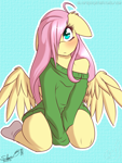 Size: 1500x2000 | Tagged: safe, artist:silverfox057, character:fluttershy, species:anthro, species:pegasus, g4, bare shoulders, blushing, clothing, colored pupils, cute, ear fluff, female, floppy ears, hair over one eye, looking at you, mare, oversized clothes, oversized shirt, shirt, shy, shyabetes, signature, socks, solo, spread wings, sweater, sweatershy, wings