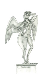 Size: 950x1372 | Tagged: safe, artist:baron engel, character:rainbow dash, species:anthro, species:pegasus, species:pony, species:unguligrade anthro, g4, black and white, breasts, cleavage, clothing, explicit source, female, goggles, grayscale, hand, hand on head, hand on hip, hips, mare, monochrome, pencil drawing, shirt, simple background, solo, spread wings, statue, traditional art, uniform, unzipped, white background, wings, wonderbolts, wonderbolts uniform