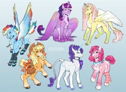 Size: 1200x873 | Tagged: safe, artist:ocdraco, character:applejack, character:fluttershy, character:pinkie pie, character:rainbow dash, character:rarity, character:twilight sparkle, species:alicorn, species:earth pony, species:pony, species:unicorn, g4, alternate design, mane six