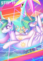 Size: 2480x3508 | Tagged: safe, artist:wavecipher, character:princess celestia, species:alicorn, species:pony, g4, cute, cutelestia, drink, drinking, female, high res, inflatable, inflatable toy, inner tube, mare, peace sign, pool toy, solo, summer, sunglasses, three quarter view, toy, vaporwave, water