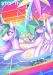 Size: 2480x3508 | Tagged: safe, artist:musicfirewind, character:princess celestia, species:alicorn, species:pony, g4, cute, cutelestia, drink, drinking, female, high res, inflatable, inflatable toy, inner tube, mare, peace sign, pool toy, solo, summer, sunglasses, three quarter view, toy, vaporwave, water
