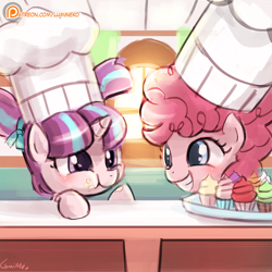 Size: 750x750 | Tagged: safe, artist:lumineko, character:pinkie pie, character:starlight glimmer, species:earth pony, species:pony, species:unicorn, episode:the cutie re-mark, g4, my little pony: friendship is magic, :t, chef's hat, clothing, cupcake, cute, diapinkes, duo, duo female, eating, female, filly, filly pinkie pie, filly starlight glimmer, food, glimmerbetes, grin, hat, hnnng, lumineko is trying to murder us, messy, patreon, patreon logo, pigtails, puffy cheeks, scene interpretation, smiling, squee, three quarter view, young, younger