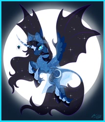 Size: 1030x1200 | Tagged: safe, artist:creeate97, character:princess luna, species:alicorn, species:bat pony, species:pony, g4, alternate design, bat pony alicorn, bat wings, looking at you, moon, night, night sky, signature, simple background, sky, spider, spider web, transparent wings, white pupils, wings