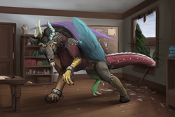 Size: 3200x2147 | Tagged: safe, artist:miramore, character:discord, species:draconequus, g4, 2022, bondage, book, bookshelf, broken, broken glass, chains, chest, date, element of kindness, element of magic, fanart, feather, feral, frankenstein's monster, glass, inkwell, inside, male, quill, shackles, signature, solo, table, tree, window, wood