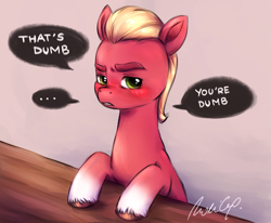 Size: 2383x1967 | Tagged: safe, artist:buttersprinkle, character:sprout, species:earth pony, species:pony, g5, my little pony: a new generation, ..., blushing, coat markings, colored hooves, dialogue, hooves, looking at you, male, signature, simple background, socks (coat marking), solo, speech bubble, talking to viewer, text, three quarter view, tsundere, unshorn fetlocks