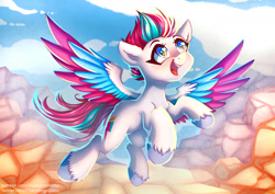 Size: 1414x1000 | Tagged: safe, artist:chaosangeldesu, character:zipp storm, species:pegasus, species:pony, g5, my little pony: a new generation, adorazipp, blushing, cloud, colored hooves, colored wings, commission, cute, female, flying, happy, hooves, mare, multicolored wings, open mouth, open smile, sky, smiling, solo, spread wings, unshorn fetlocks, wings