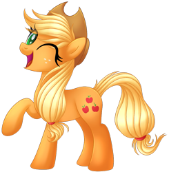 Size: 837x853 | Tagged: safe, artist:kimmyartmlp, character:applejack, species:earth pony, species:pony, g4, cute, eye clipping through hair, female, jackabetes, mare, one eye closed, open mouth, open smile, raised hoof, simple background, smiling, solo, three quarter view, transparent background, wink
