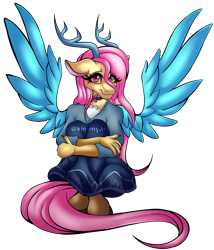 Size: 3463x4049 | Tagged: safe, artist:kimmyartmlp, character:fluttershy, species:anthro, species:draconequus, fanfic:my little pony: the unexpected future, g4, clothing, colored eyebrows, commissioner:robbieierubino, draconequified, dress, eye clipping through hair, eyebrows, eyebrows visible through hair, female, flutterequus, simple background, smiling, solo, species swap, spread wings, transparent background, wings, yellow sclera