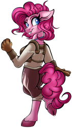 Size: 2286x4066 | Tagged: safe, artist:kimmyartmlp, character:pinkie pie, species:anthro, species:earth pony, species:unguligrade anthro, fanfic:my little pony: the unexpected future, g4, clothing, cloven hooves, colored eyebrows, colored hooves, colored pupils, commission, commissioner:robbieierubino, eyebrows, female, floppy ears, gloves, hooves, mare, simple background, smiling, solo, three quarter view, transparent background, unshorn fetlocks