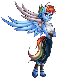 Size: 2984x4016 | Tagged: safe, artist:kimmyartmlp, character:rainbow dash, species:anthro, species:pegasus, species:unguligrade anthro, fanfic:my little pony: the unexpected future, g4, amputee, artificial wings, augmented, clothing, cloven hooves, colored eyebrows, colored hooves, commission, commissioner:robbieierubino, crossed arms, eyebrows, female, hooves, mare, pants, prosthetic limb, prosthetic wing, prosthetics, simple background, smiling, smirk, solo, spread wings, three quarter view, transparent background, unshorn fetlocks, wings