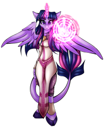 Size: 3455x4214 | Tagged: safe, artist:kimmyartmlp, character:twilight sparkle, character:twilight sparkle (alicorn), species:alicorn, species:anthro, species:unguligrade anthro, fanfic:my little pony: the unexpected future, g4, cloven hooves, colored eyebrows, colored hooves, commission, commissioner:robbieierubino, eyebrows, female, full face view, glowing hands, glowing horn, hooves, horn, leonine tail, looking at you, magic, magic aura, mare, simple background, solo, spread wings, tail, transparent background, unshorn fetlocks, watermark, wings