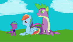 Size: 1024x589 | Tagged: safe, artist:snail-duck, character:rainbow dash, character:spike, oc, oc:lightning gem, parent:rainbow dash, parent:spike, parents:rainbowspike, species:dracony, species:dragon, species:pegasus, species:pony, ship:rainbowspike, g4, family, female, hybrid, interspecies offspring, male, offspring, older, older spike, shipping, straight