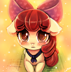 Size: 492x500 | Tagged: safe, artist:lumineko, character:apple bloom, species:earth pony, species:pony, g4, adorabloom, apple family member, blushing, colored eyebrows, crying, cute, eyebrows, eyebrows visible through hair, female, filly, floppy ears, hnnng, looking at you, lying down, prone, sad, sadorable, signature, solo, woobie, young