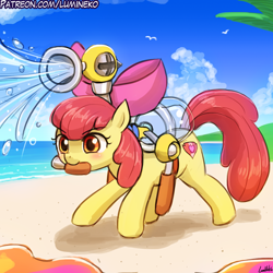 Size: 750x750 | Tagged: safe, artist:lumineko, character:apple bloom, species:earth pony, species:pony, g4, adorabloom, agdq, apple family member, awesome games done quick, beach, crossover, cute, cutie mark, explicit source, f.l.u.d.d., female, filly, goop, holding, mouth hold, nintendo, ocean, outdoors, signature, sky, solo, squirt gun, super mario bros., super mario sunshine, the cmc's cutie marks, three quarter view, video game, young