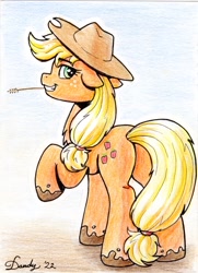 Size: 1490x2062 | Tagged: safe, artist:dandy, character:applejack, species:earth pony, species:pony, g4, applebutt, applejack's hat, butt, clothing, colored pencil drawing, cowboy hat, cutie mark, female, from behind, hat, looking at you, looking back, looking back at you, mare, muddy, muddy hooves, solo, stetson, straw in mouth, tail, traditional art