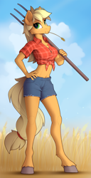 Size: 1220x2387 | Tagged: safe, artist:yakovlev-vad, character:applejack, species:anthro, species:earth pony, species:unguligrade anthro, g4, belly button, cheek fluff, chest fluff, clothing, cloud, colored eyebrows, colored hooves, eyebrows, eyebrows visible through hair, female, freckles, front knot midriff, hooves, looking at you, mare, midriff, pitchfork, shorts, sky, solo, straw in mouth, three quarter view, unshorn fetlocks
