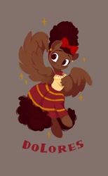 Size: 739x1199 | Tagged: safe, artist:drtuo4, species:pegasus, species:pony, bow, clothing, crossover, disney, dolores madrigal, dress, ear piercing, earring, encanto, hair bow, jewelry, necklace, piercing, ponified, species swap