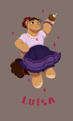 Size: 730x1200 | Tagged: safe, artist:drtuo4, species:earth pony, species:pony, clothing, coconut, crossover, disney, dress, encanto, luisa madrigal, one eye closed, ponified, species swap, wink