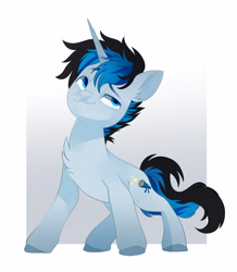 Size: 2454x2820 | Tagged: safe, artist:irusumau, oc, oc only, oc:solar gizmo, species:pony, species:unicorn, g4, abstract background, blue eyes, chest fluff, colored eyebrows, colored hooves, ear fluff, eyebrows, full body, high res, hooves, horn, male, multicolored mane, raised eyebrow, smug, solo, stallion, standing, tail, three quarter view, two toned mane, two toned tail, unicorn oc, unshorn fetlocks