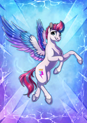Size: 3508x4961 | Tagged: safe, artist:lupiarts, character:zipp storm, species:pegasus, species:pony, g5, my little pony: a new generation, abstract background, absurd resolution, adorazipp, colored hooves, colored wings, cute, digital art, drawing, female, flying, hooves, mare, multicolored wings, poster, smiling, solo, spread wings, three quarter view, wings