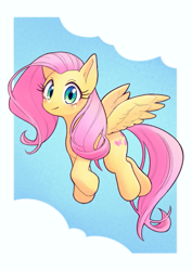 Size: 579x816 | Tagged: safe, artist:unousaya, character:fluttershy, species:pegasus, species:pony, g4, black outlines, cloud, female, flying, looking at you, mare, simple background, sky, smiling, solo, spread wings, three quarter view, wings