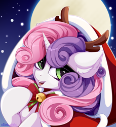 Size: 4712x5150 | Tagged: safe, artist:xsatanielx, character:sweetie belle, species:pony, species:unicorn, g4, antlers, bell, bow, christmas, cute, diasweetes, ear fluff, female, filly, full moon, holiday, looking at you, moon, night, open mouth, raised hoof, reindeer antlers, solo, tongue out, young