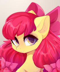 Size: 4000x4800 | Tagged: safe, artist:xsatanielx, character:apple bloom, species:earth pony, species:pony, g4, adorabloom, alternate hairstyle, apple bloom's bow, apple family member, bow, cute, female, filly, foal, hair bow, looking at you, pigtails, signature, smiling, solo, three quarter view, twintails, young
