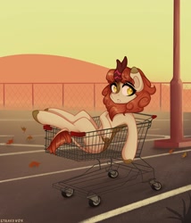 Size: 3000x3500 | Tagged: safe, artist:stravy_vox, character:autumn blaze, species:kirin, species:pony, g4, aside glance, cloven hooves, colored hooves, colored pupils, eyebrows, eyebrows visible through hair, female, hooves, leaves, looking sideways, mare, shopping cart, signature, solo, three quarter view