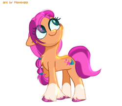 Size: 1501x1299 | Tagged: safe, artist:memengla, character:sunny starscout, species:earth pony, species:pony, g5, braid, chest fluff, coat markings, colored eyelashes, colored hooves, colored pupils, cute, eye clipping through hair, female, floppy ears, hooves, looking up, mare, simple background, smiling, socks (coat marking), solo, sunnybetes, transparent background, unshorn fetlocks