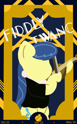Size: 1752x2800 | Tagged: safe, artist:melodysketch, character:fiddlesticks, species:earth pony, species:pony, g4, alternate clothes, apple, art deco, bandana, border art, clothing, cutie mark, food, gold, lineless, missing accessory, missing hat, musical instrument, no face, poster, shirt, solo, text, violin, violin bow