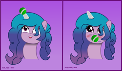 Size: 10179x5950 | Tagged: safe, artist:s-class-destroyer, character:izzy moonbow, species:pony, species:unicorn, g5, ball, big eyes, bust, chewing, digital art, eating, female, gradient background, gradient mane, happy, holding, horn, hornball, izzy's tennis ball, mare, mouth hold, multicolored hair, open mouth, purple background, sensational, signature, simple background, solo, solo female, tennis ball, toy, vector
