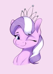 Size: 1602x2253 | Tagged: safe, artist:aquaticvibes, character:diamond tiara, species:earth pony, species:pony, g4, bust, cute, diamondbetes, filly, jewelry, looking sideways, one eye closed, pink background, portrait, simple background, smiling, solo, tiara, wink, young