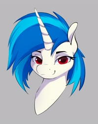 Size: 2317x2917 | Tagged: safe, artist:aquaticvibes, character:dj pon-3, character:vinyl scratch, species:pony, species:unicorn, g4, bust, female, gray background, horn, looking at you, mare, portrait, simple background, smiling, solo