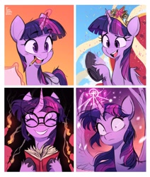 Size: 2480x2924 | Tagged: safe, artist:fanzeem, character:twilight sparkle, character:twilight sparkle (alicorn), species:alicorn, species:pony, g4, abstract background, big crown thingy, book, candle, colored hooves, crown, cute, element of magic, eyebrows, eyebrows visible through hair, eyes closed, female, full face view, glasses, glowing horn, holding, hoof hold, hooves, horn, jewelry, magic, magic aura, mare, motion blur, motion lines, mouth hold, open mouth, open smile, pencil, regalia, signature, smiling, smoke, spread wings, telekinesis, three quarter view, twiabetes, unshorn fetlocks, waving, wide eyes, wings