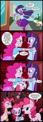 Size: 713x2000 | Tagged: safe, artist:madmax, character:pinkie pie, character:twilight sparkle, species:earth pony, species:pony, g4, my little pony:equestria girls, alien, alternate universe, clothing, comic, dialogue, dinosaur, drink, female, mare, milkshake, multiverse, profile, skirt, speech bubble, spider, spider pie, spider web, text, three quarter view, toaster