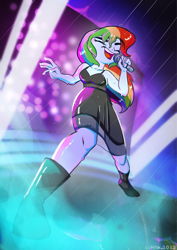 Size: 1980x2800 | Tagged: safe, artist:lummh, character:rainbow dash, species:eqg human, equestria girls:rainbow rocks, g4, my little pony: equestria girls, black dress, boots, clothing, commission, dress, eyebrows, eyes closed, little black dress, microphone, open mouth, rainbow dash always dresses in style, shoes, singing, stage