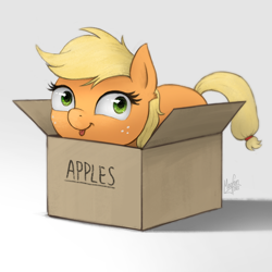 Size: 1000x1000 | Tagged: safe, artist:magfen, character:applejack, species:earth pony, species:pony, g4, :p, blep, box, cute, female, freckles, gradient background, if i fits i sits, jackabetes, looking at you, mare, pony in a box, signature, silly, silly pony, simple background, solo, three quarter view, tongue out, white background, who's a silly pony