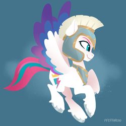 Size: 2048x2048 | Tagged: safe, artist:pfeffaroo, character:zipp storm, species:pegasus, species:pony, g5, my little pony: a new generation, armor, cloud, colored eyebrows, colored hooves, colored wings, eyebrows, female, flying, helmet, hooves, jewelry, mare, multicolored wings, necklace, peytral, profile, signature, simple background, smiling, smirk, solo, spread wings, unshorn fetlocks, wings