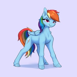 Size: 2631x2631 | Tagged: safe, artist:aquaticvibes, character:rainbow dash, species:pegasus, species:pony, g4, colored pupils, cutie mark, determined, eyebrows, eyebrows visible through hair, fangs, female, mare, narrowed eyes, sharp teeth, simple background, solo, tail, three quarter view, wings