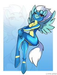Size: 1427x1889 | Tagged: safe, artist:lummh, part of a set, character:fleetfoot, species:anthro, species:pegasus, species:unguligrade anthro, g4, clothing, female, goggles, looking at you, mare, smiling, solo, spread wings, uniform, wings, wonderbolts, wonderbolts uniform, zoom layer