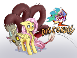 Size: 1050x800 | Tagged: safe, artist:gloomydinosaur, character:discord, character:fluttershy, character:princess celestia, species:alicorn, species:draconequus, species:pegasus, species:pony, g4, angry, cowering, cross-popping veins, dialogue, female, floppy ears, gradient background, hiding, male, mare, offscreen character, rage, shadow, simple background, snaggletooth, text, this will end in a trip to the moon, this will end in death, this will end in petrification, this will end in tears, this will end in tears and/or death, vein, white background