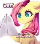 Size: 1200x1308 | Tagged: safe, artist:tatar.sauce, character:fluttershy, species:pegasus, species:pony, g4, :<, breaking the fourth wall, chest fluff, colored pupils, cute, dialogue, ear fluff, engrish, eye clipping through hair, eyebrows, eyebrows visible through hair, female, frown, hoof hold, mare, rag, simple background, solo, washing, white background