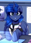 Size: 1000x1400 | Tagged: safe, artist:shadowreindeer, character:mare do well, character:princess luna, species:alicorn, species:pony, g4, clothing, computer, connor, crossover, cute, detroit: become human, eye clipping through hair, female, full face view, looking at you, lunabetes, mare, poster, rk900, solo, text, wings