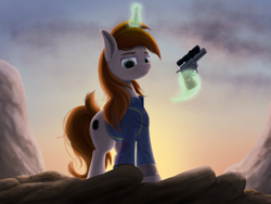 Size: 1600x1200 | Tagged: safe, artist:palibrik, oc, oc only, oc:littlepip, species:pony, species:unicorn, fallout equestria, g4, clothing, cloud, colored eyebrows, crossover, eyebrows, fallout, female, glowing, glowing horn, gun, handgun, horn, levitation, lidded eyes, looking at you, looking down, looking down at you, magic, magic aura, mare, mountain, outdoors, revolver, shading, sky, solo, tail, telekinesis, three quarter view, vault suit, weapon