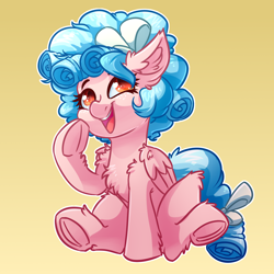 Size: 4000x4000 | Tagged: safe, artist:witchtaunter, character:cozy glow, species:pegasus, species:pony, g4, bow, chest fluff, colored pupils, commission, commissioner:reversalmushroom, cozybetes, cute, ear fluff, eyebrows, female, filly, fluffy, freckles, frog (hoof), gradient background, hair bow, hooves, leg fluff, looking up, open mouth, open smile, shoulder fluff, sitting, smiling, solo, tail bow, three quarter view, underhoof, wing fluff, wings, young